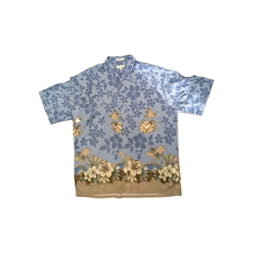 Vintage Pierre Cardin Hawaiian Shirt Men's XL Blue Floral Rayon Camp Aloha Made